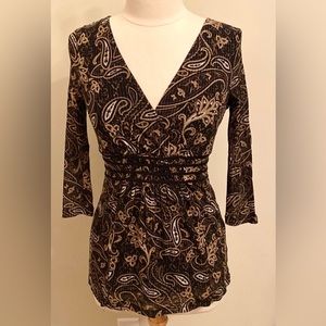 INC International Concepts Black Gold Metallic Paisley Fitted Casual Top Size M